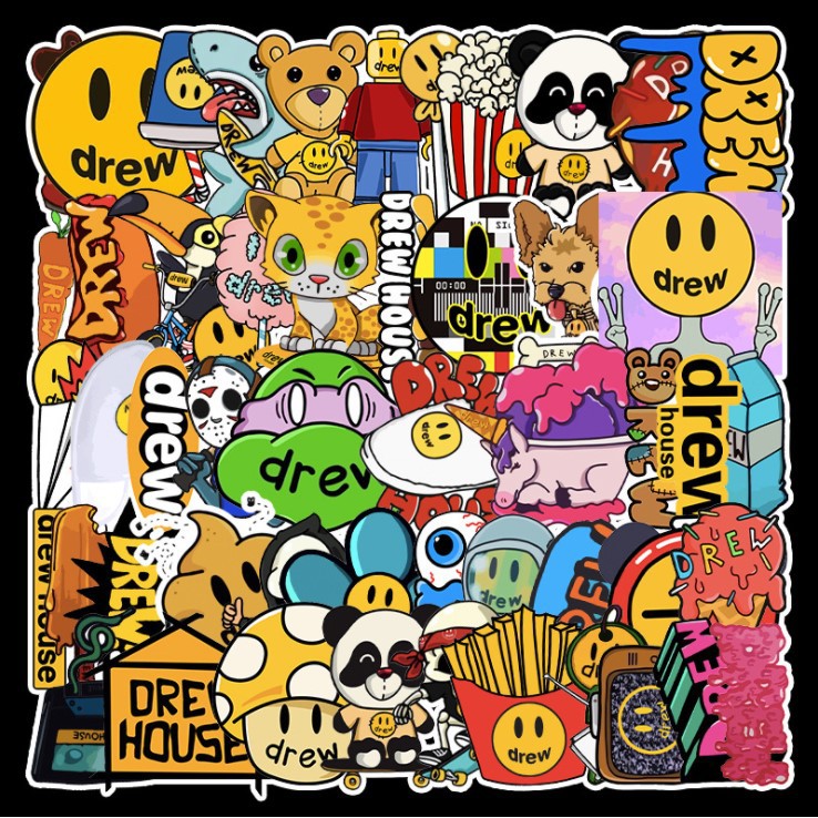 [Set 54 Cái] Sticker thương hiệu Drew nhiều họa tiết chống nước, dán trang trí laptop, mũ bảo hiểm, vali, xe ga - DB.009